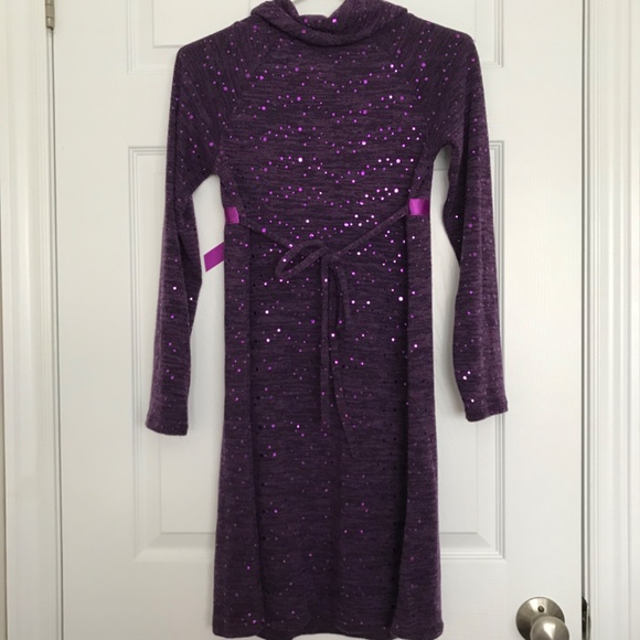 Bloome de jeune fille Purple Cowl Neck Sequin Long Sleeve Dress Offset Bow - Picture 4 of 9